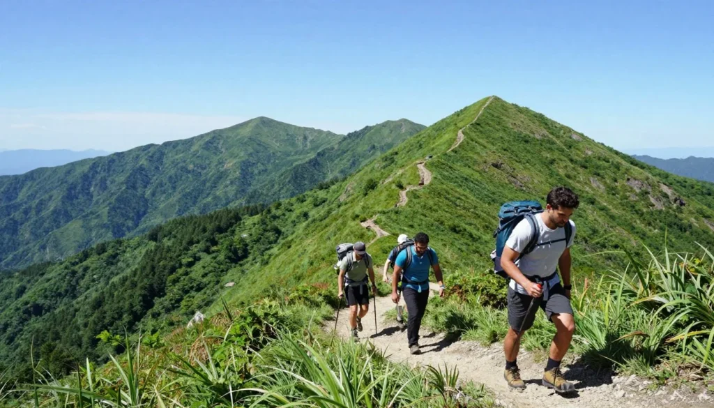 Hikers on mountain trail in Oita with panoramic views of surrounding peaks