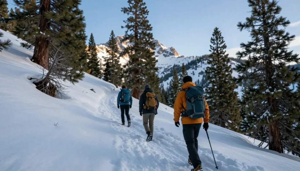 Hikers on mountain trail in Snowstorm Mountains