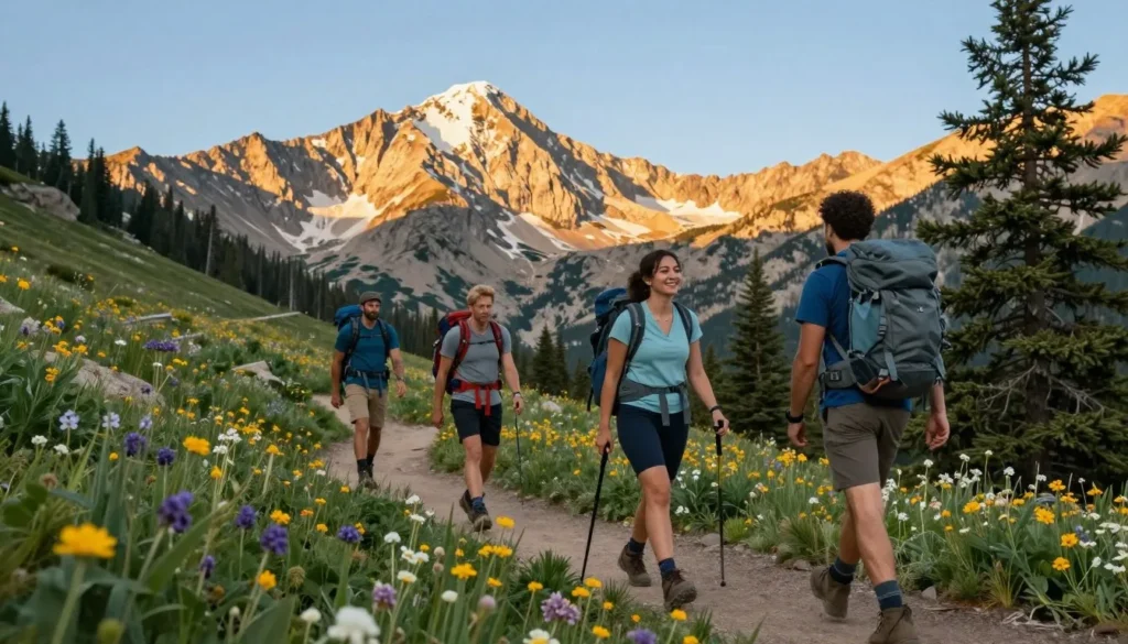 Hikers on mountain trail in Wasatch Mountains near Midway