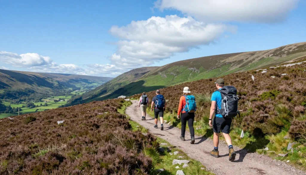 Hikers on mountain trail in Wicklow Mountains with valley views and clear blue sky