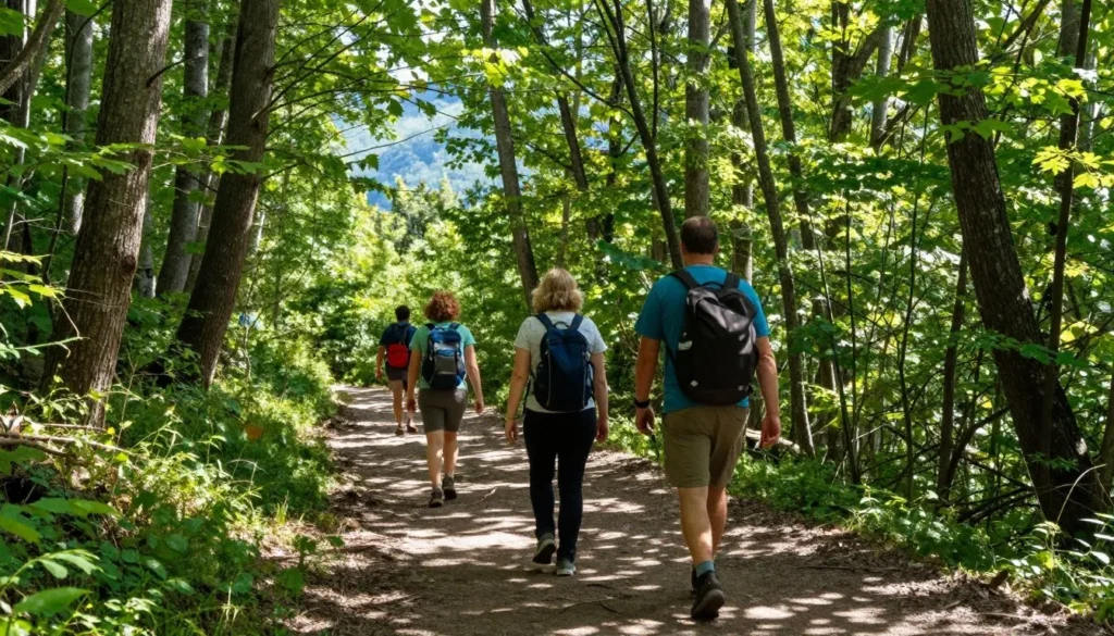Hikers on mountain trail through Great Smoky Mountains forest Hikers on mountain trail through Great Smoky Mountains forest