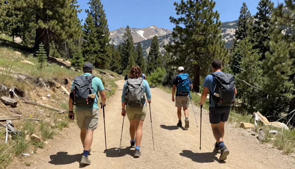 Hikers on mountain trail through Spring Mountains alpine forest landscape Hikers on mountain trail through Spring Mountains alpine forest landscape