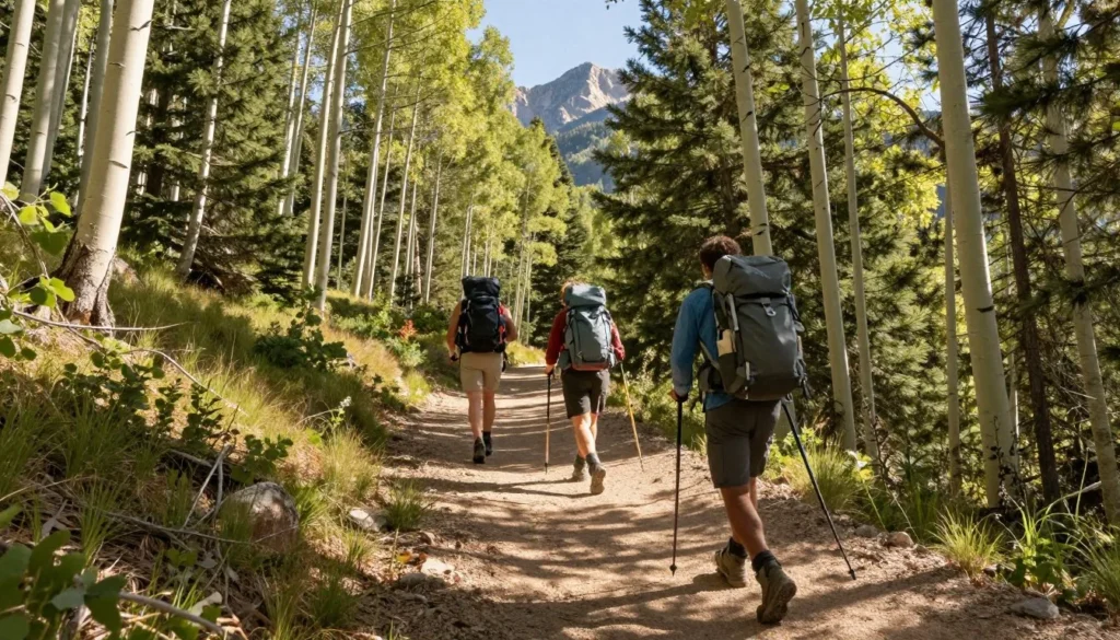 Hikers on mountain trail through aspen and pine forest in La Sal Mountains Hikers on mountain trail through aspen and pine forest in La Sal Mountains