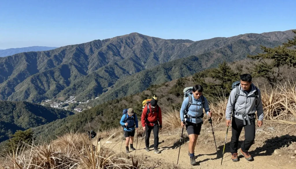 Hikers on mountain trail with panoramic views of Oita countryside and distant mountains Hikers on mountain trail with panoramic views of Oita countryside and distant mountains