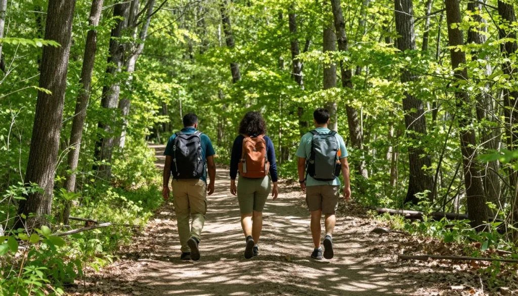 Hikers on nature trails at Harrison Bay State Park Tennessee Hikers on nature trails at Harrison Bay State Park Tennessee