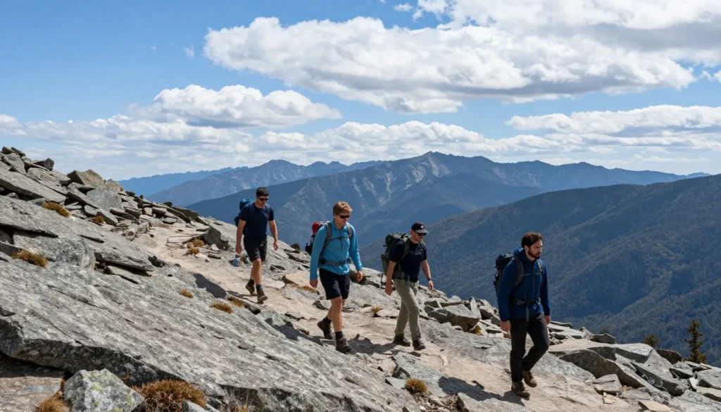Hikers on rocky mountain trail with panoramic views Hikers on rocky mountain trail with panoramic views