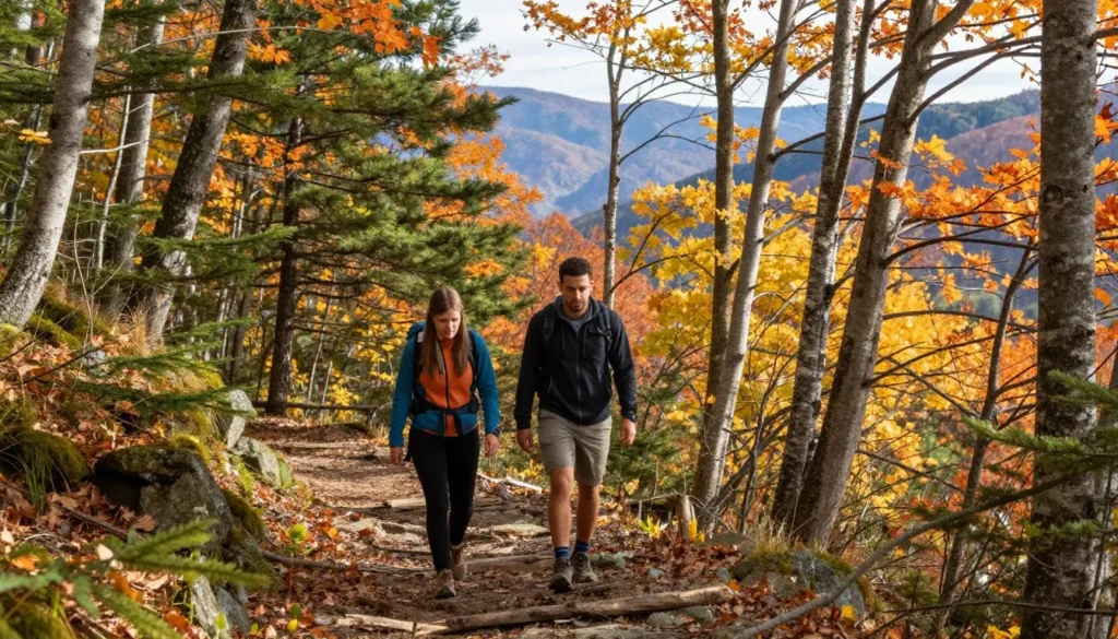 Hikers on scenic trail through Cumberland Gap forest with autumn colors Hikers on scenic trail through Cumberland Gap forest with autumn colors