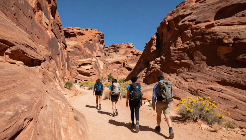 Hikers on scenic trail through Southern Utah desert