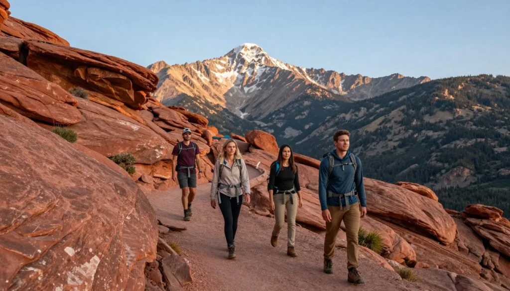 Hikers on scenic trail with red rock formations and Pikes Peak visible in Garden of the Gods Colorado