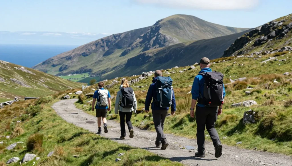 Hikers on the Kerry Way trail with mountain views on the Iveragh Peninsula