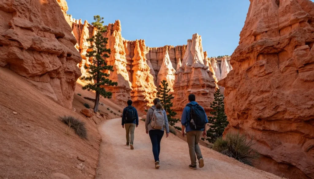 Hikers on trail among towering hoodoo formations Hikers on trail among towering hoodoo formations