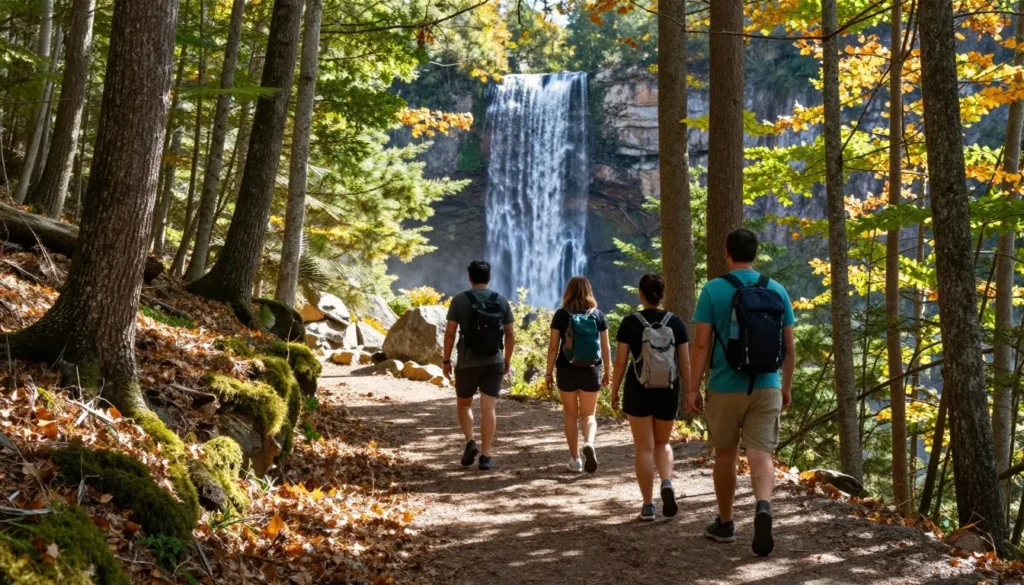 Hikers on trail approaching High Falls in DuPont State Forest Hikers on trail approaching High Falls in DuPont State Forest