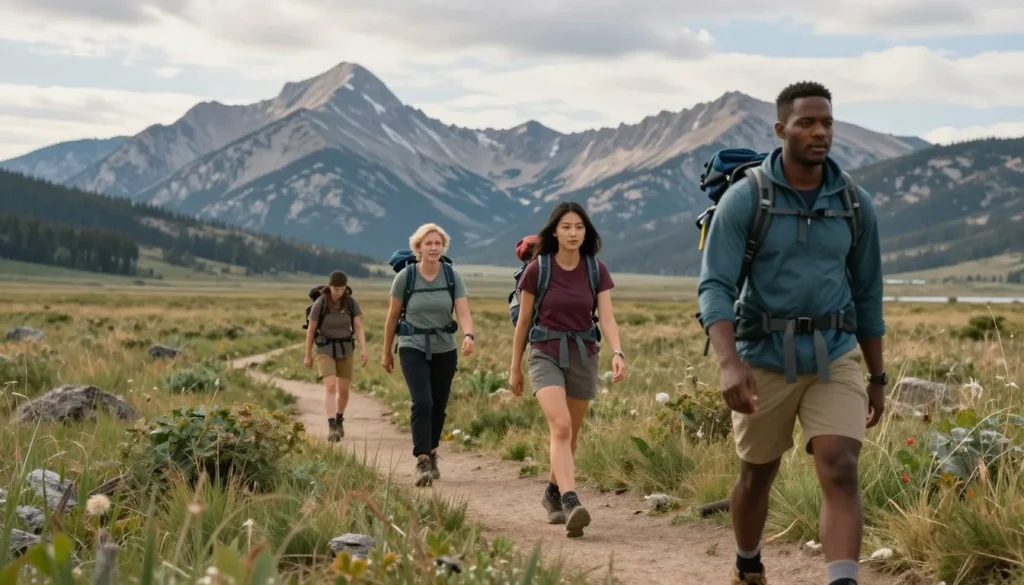 Hikers on trail at Two Ponds with mountain views Hikers on trail at Two Ponds with mountain views