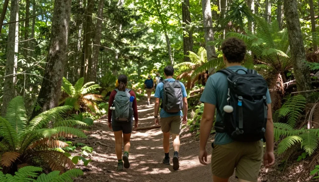 Hikers on trail in Great Smoky Mountains forest Hikers on trail in Great Smoky Mountains forest