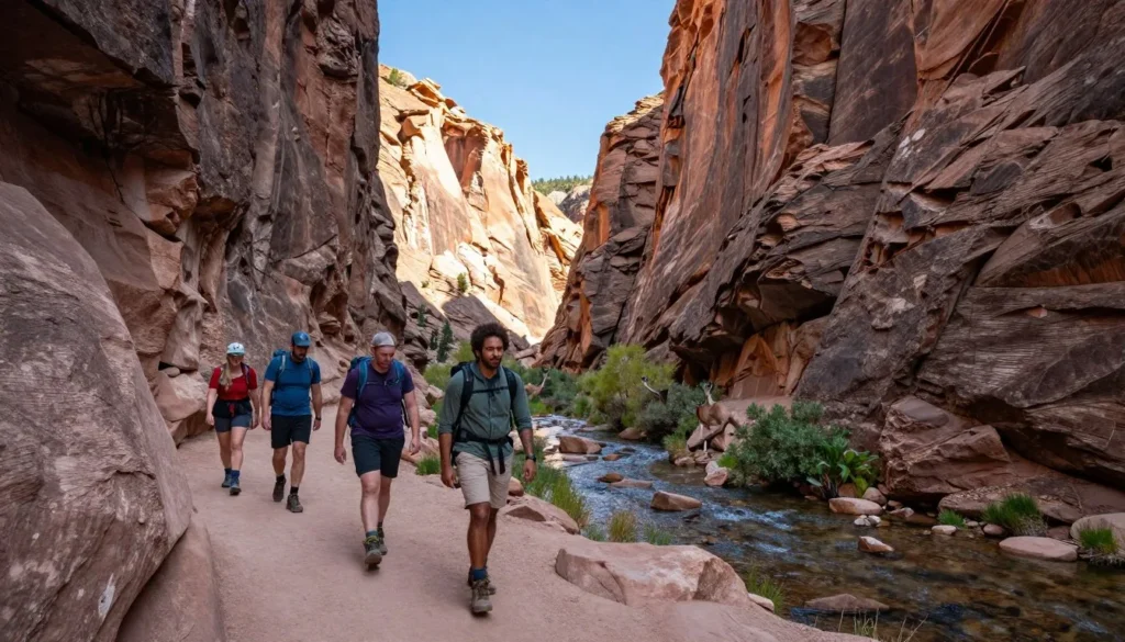 Hikers on trail in Unaweep Canyon with diverse wildlife and pristine wilderness Hikers on trail in Unaweep Canyon with diverse wildlife and pristine wilderness
