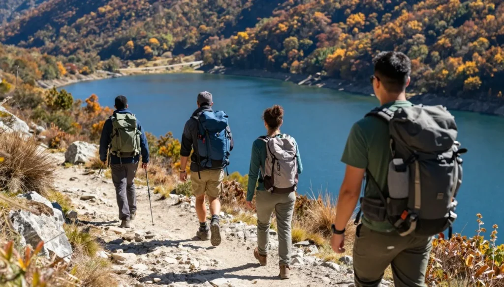 Hikers on trail overlooking Palisade Reservoir with autumn colors