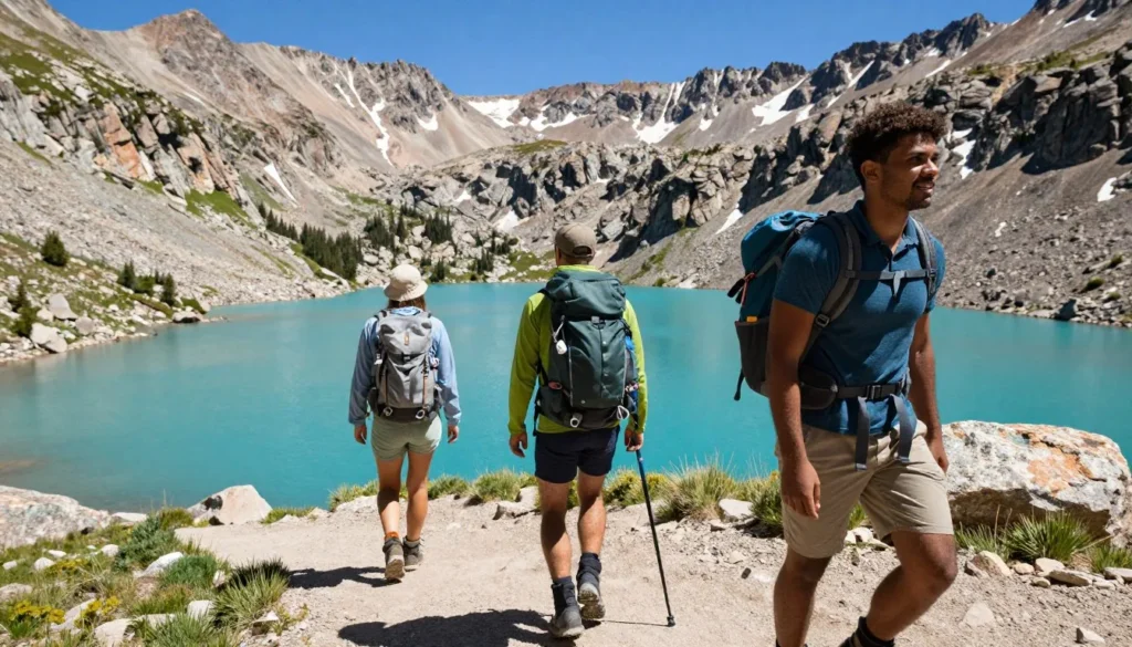 Hikers on trail overlooking Turquoise Lake with mountain peaks Hikers on trail overlooking Turquoise Lake with mountain peaks