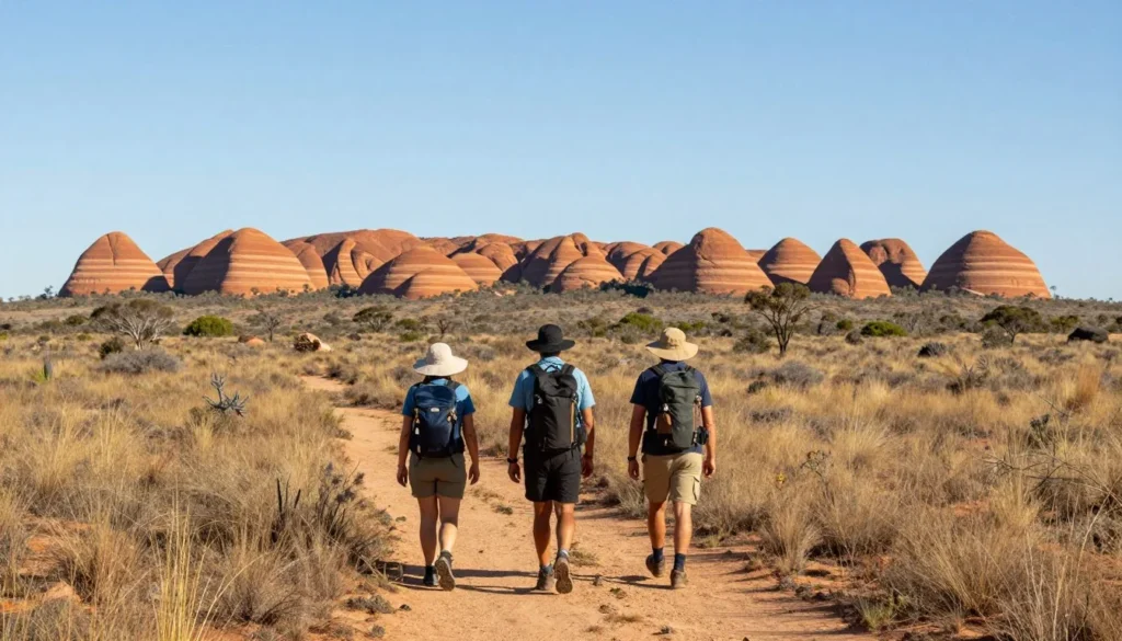 Hikers on trail through Bungle Bungle landscape with beehive domes in background Hikers on trail through Bungle Bungle landscape with beehive domes in background