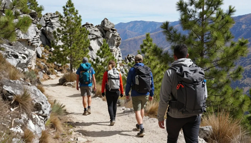 Hikers on trail through Cuenca's surrounding pine forests and limestone formations