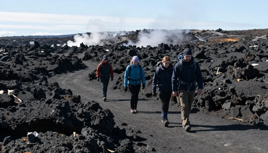 Hikers on trail through Reykjanes Peninsula lava fields