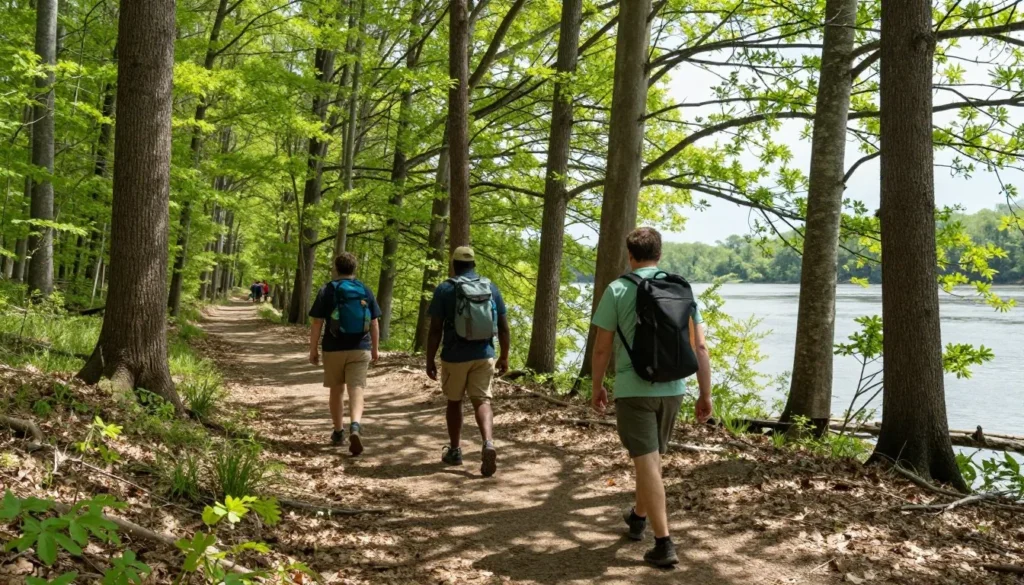 Hikers on trail through bottomland forest near Mississippi River Hikers on trail through bottomland forest near Mississippi River