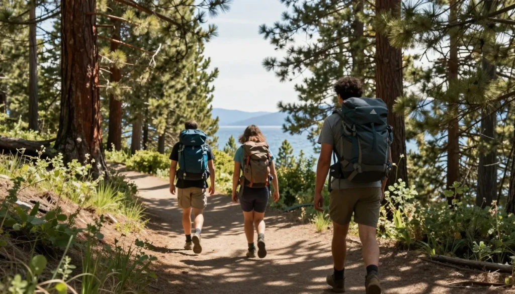 Hikers on trail through pine forest near Sand Harbor