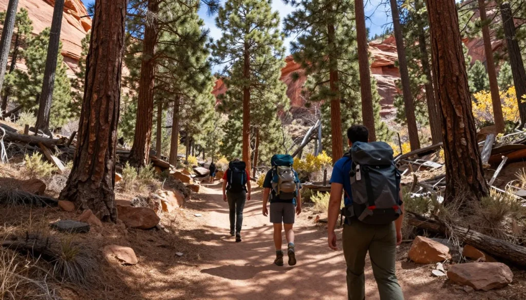 Hikers on trail through ponderosa pine forest with canyon views visible Hikers on trail through ponderosa pine forest with canyon views visible