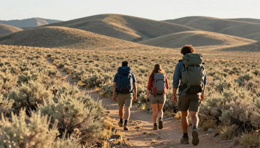 Hikers on trail through sagebrush landscape at Sheldon Wildlife Refuge