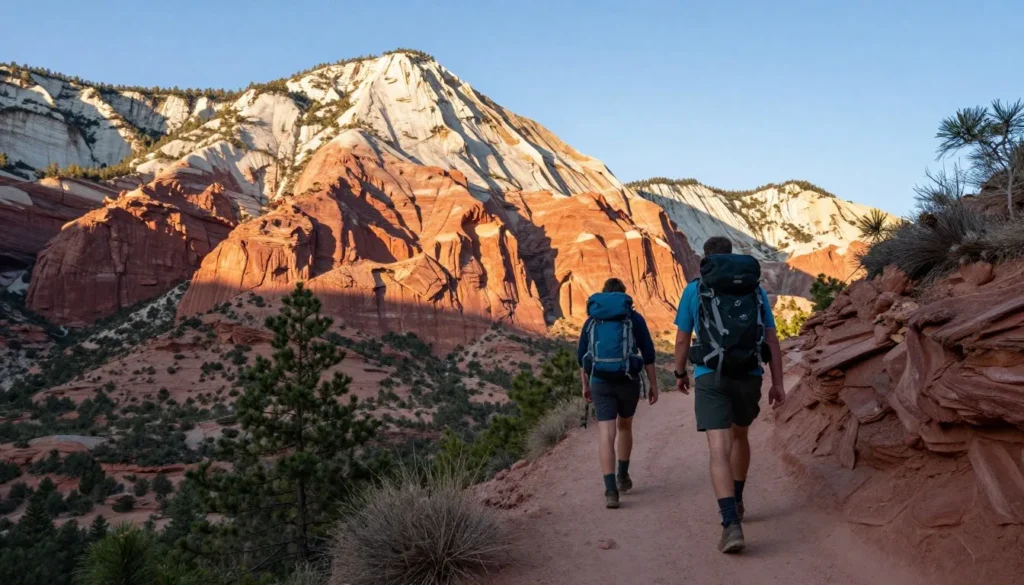 Hikers on trail with dramatic cliff views