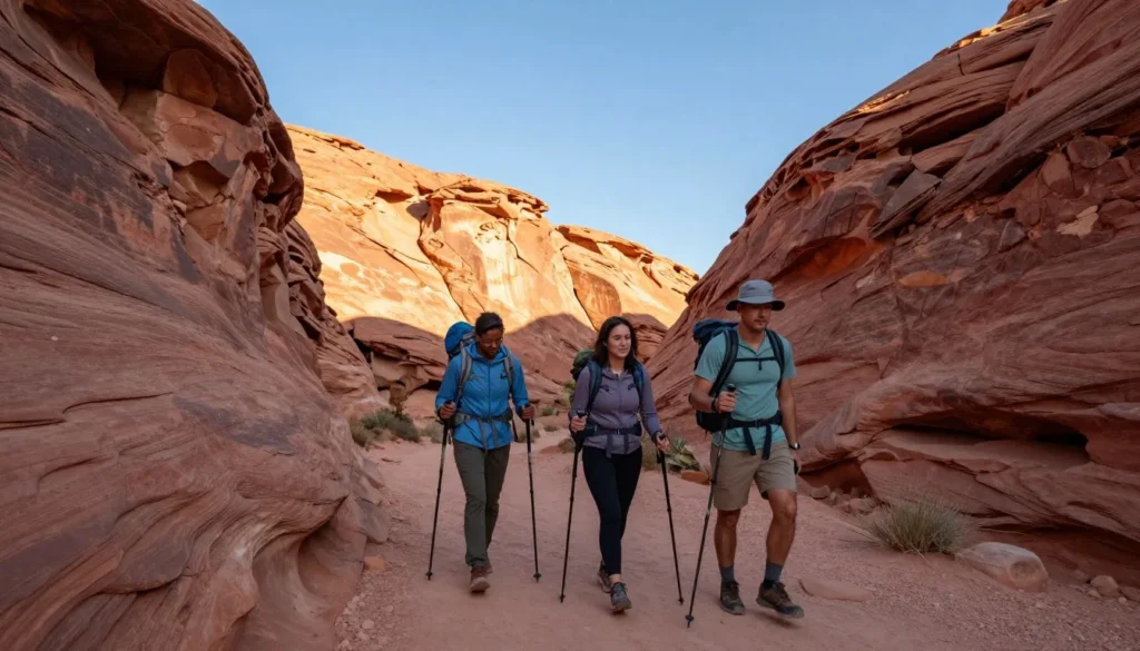 Hikers on trail with red rock formations