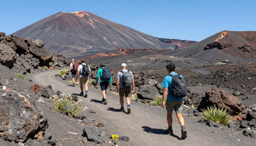 Hikers on volcanic mountain trail Hikers on volcanic mountain trail