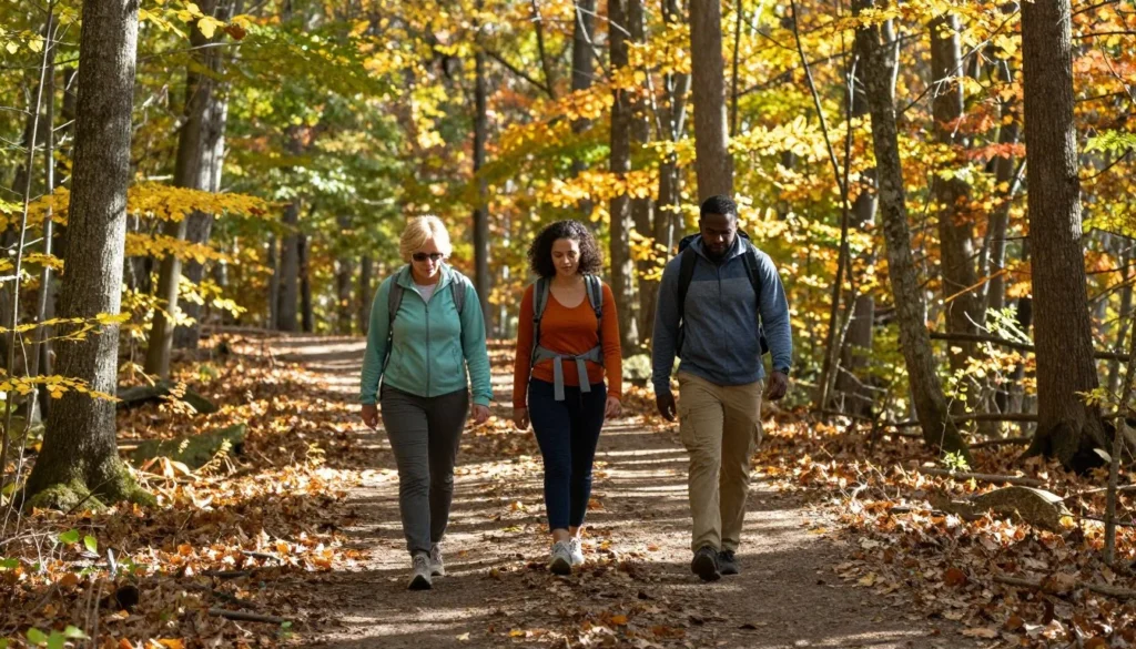 Hikers on wooded trail at Fort Pillow State Park with fall foliage Hikers on wooded trail at Fort Pillow State Park with fall foliage