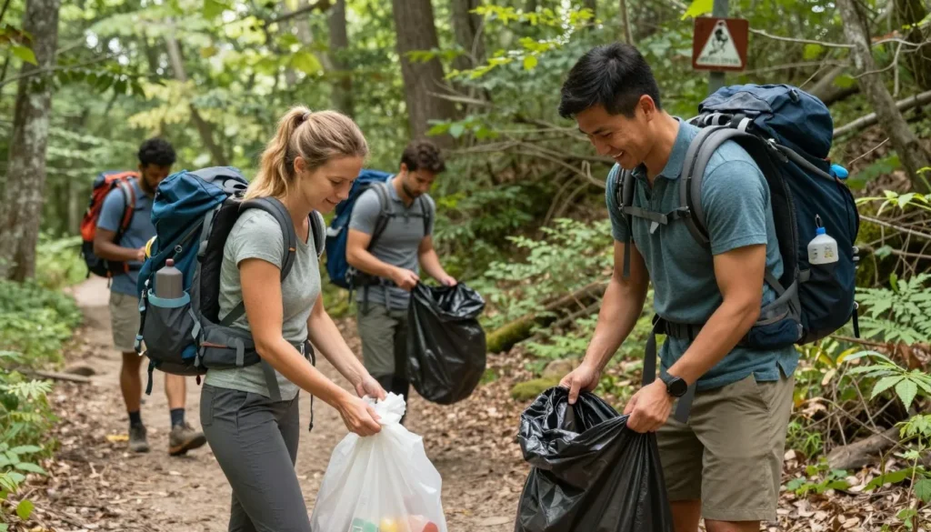 Hikers practicing Leave No Trace at Crowders Mountain Hikers practicing Leave No Trace at Crowders Mountain