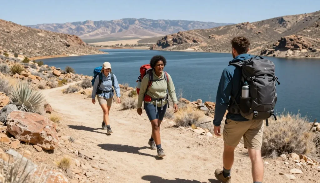 Hikers prepared with safety gear on Nevada desert trail