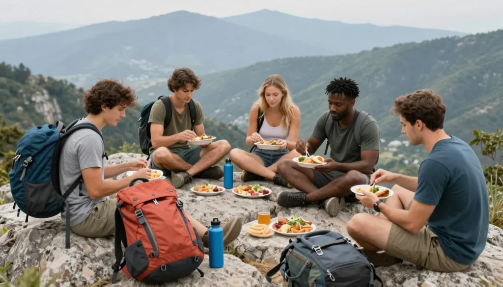 Hikers preparing picnic lunch at scenic mountain overlook Hikers preparing picnic lunch at scenic mountain overlook
