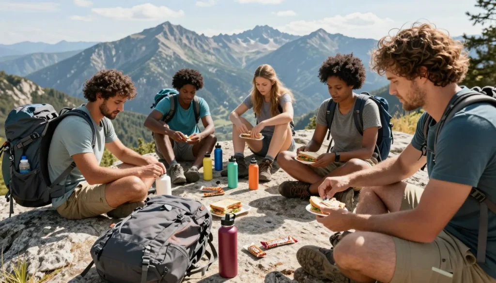 Hikers preparing trail lunch from backpacks with mountain scenery in Colorado wilderness Hikers preparing trail lunch from backpacks with mountain scenery in Colorado wilderness