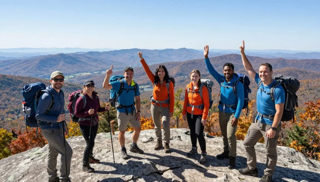 Hikers reaching House Mountain summit with panoramic views Hikers reaching House Mountain summit with panoramic views