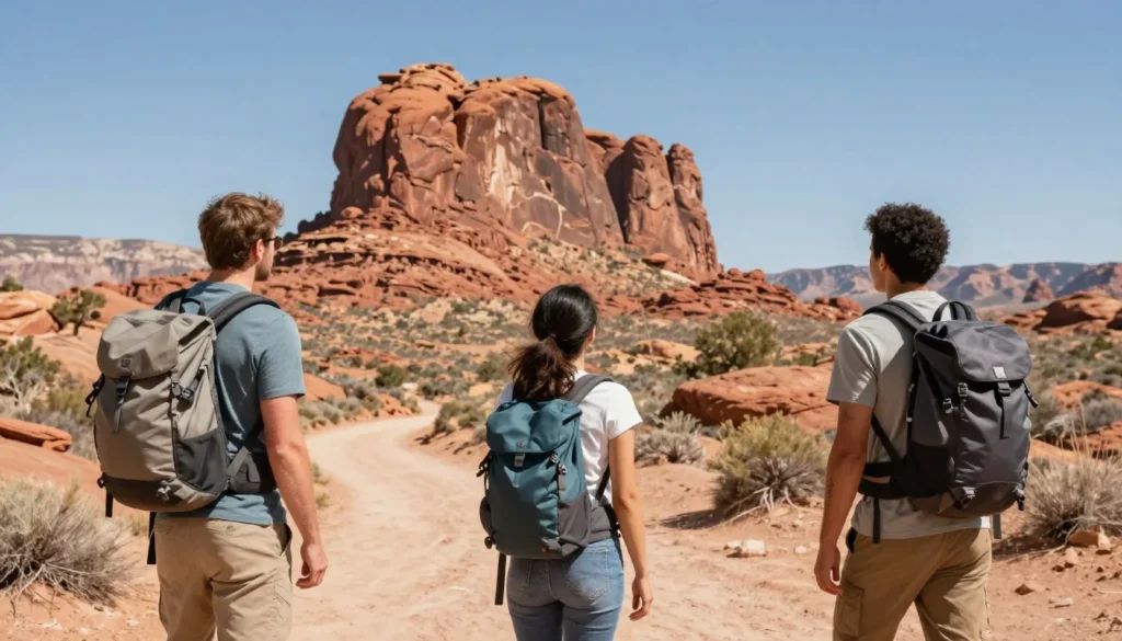 Hikers viewing Mexican Hat Rock formation from trail