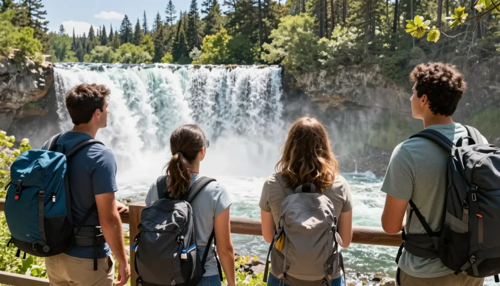 Hikers viewing Provo River Falls from wooden observation area