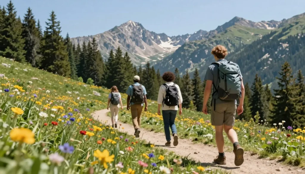 Hikers walking along mountain trail near Taylor Park with wildflowers Hikers walking along mountain trail near Taylor Park with wildflowers