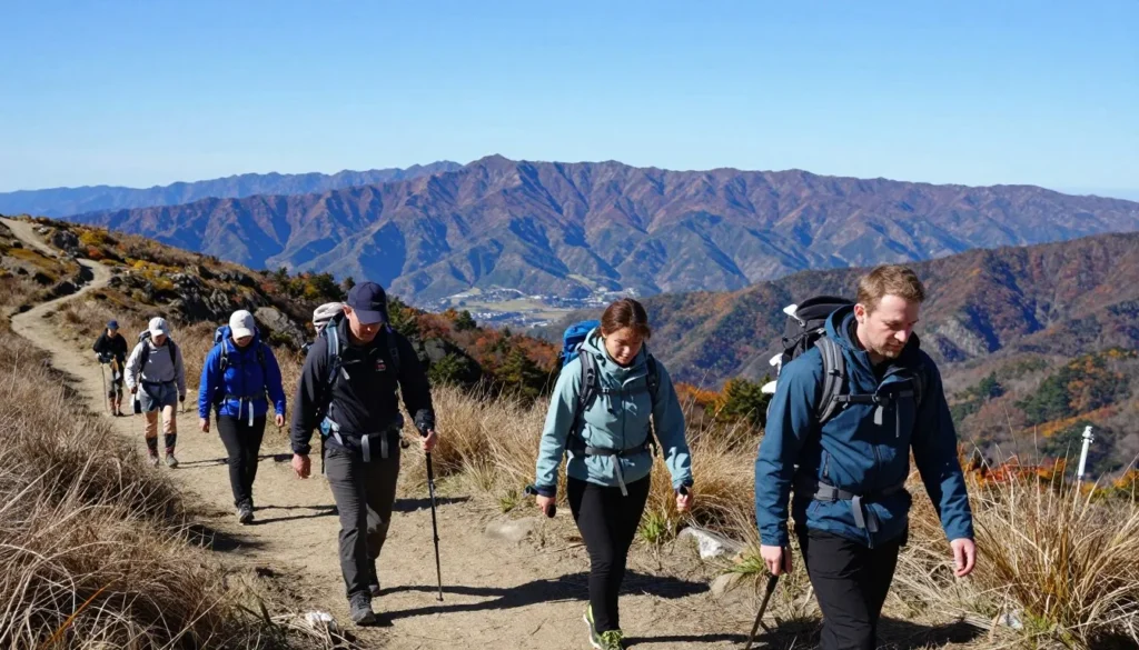 Hikers walking on a mountain trail with scenic views