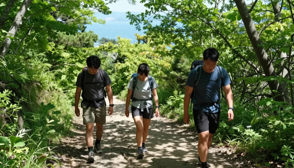 Hikers walking on mountain trail through forest with ocean views visible through trees Hikers walking on mountain trail through forest with ocean views visible through trees