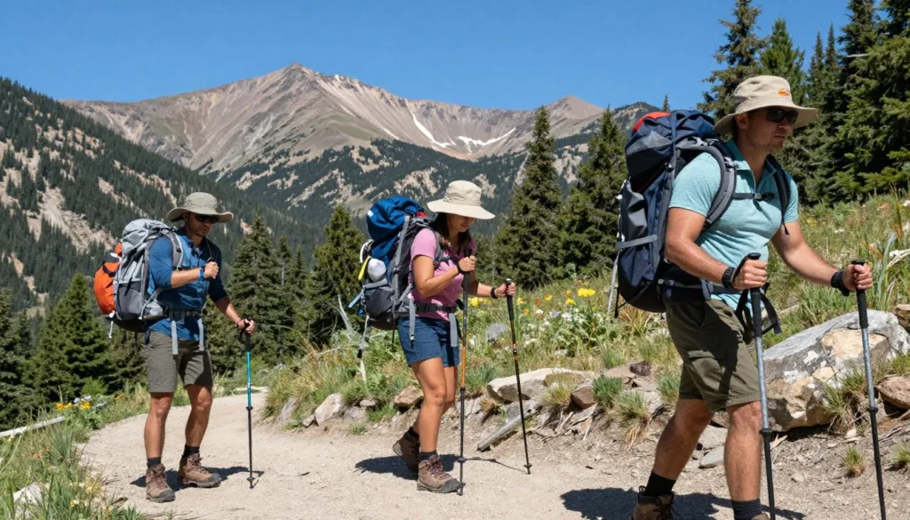Hikers wearing proper safety gear on mountain trail Hikers wearing proper safety gear on mountain trail