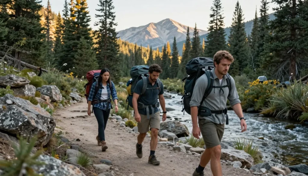 Hikers with backpacks on Needle Creek Trail approaching Chicago Basin Hikers with backpacks on Needle Creek Trail approaching Chicago Basin
