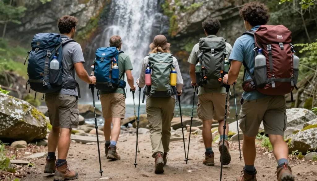 Hikers with proper gear at Greeter Falls Tennessee Hikers with proper gear at Greeter Falls Tennessee