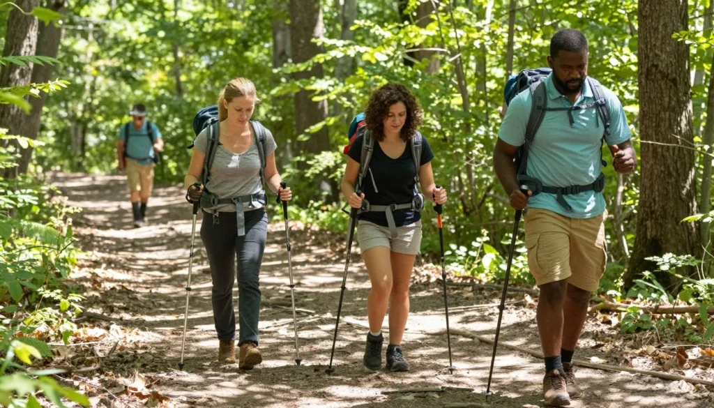 Hikers with proper gear on Tennessee trail in safe hiking conditions Hikers with proper gear on Tennessee trail in safe hiking conditions