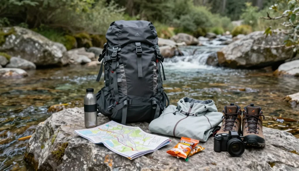 Hiking backpack and gear laid out on rock beside mountain stream Hiking backpack and gear laid out on rock beside mountain stream