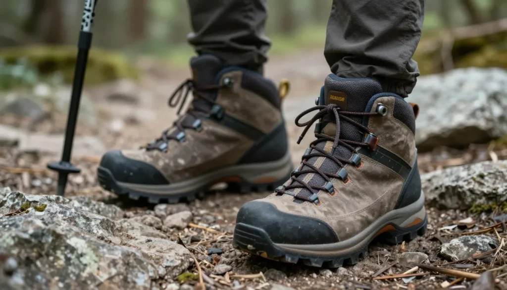 Hiking boots on rocky trail with trekking poles near Catawba Falls Hiking boots on rocky trail with trekking poles near Catawba Falls