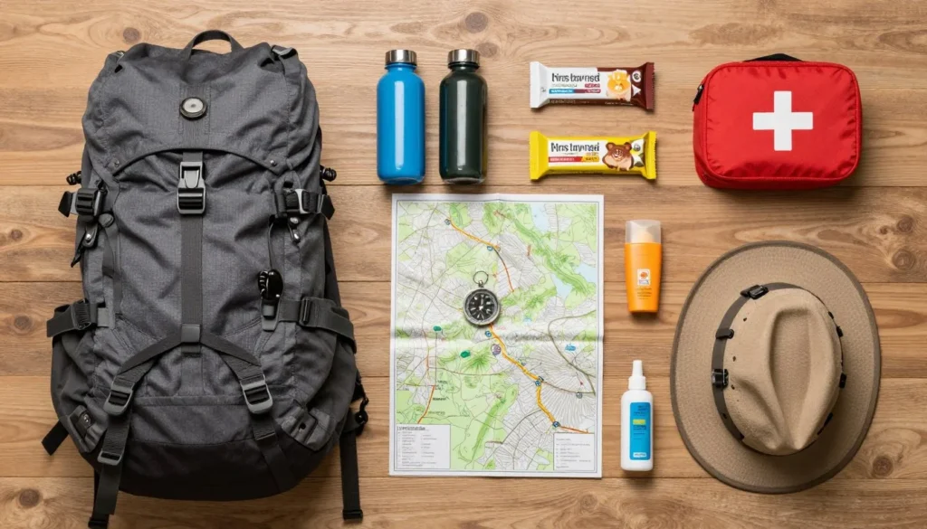 Hiking essentials laid out for mountain trail preparation Hiking essentials laid out for mountain trail preparation