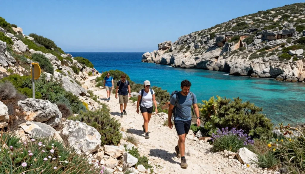 Hiking trail along Mediterranean coast with sea views and wildflowers